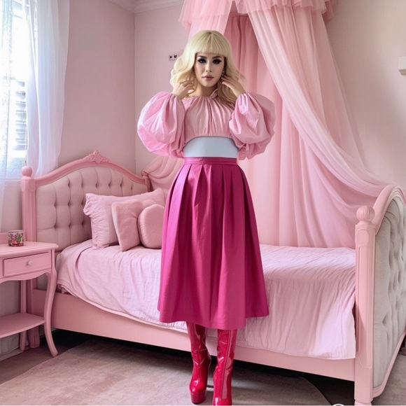 Frenzii Dresses & Skirts - Vintage 80's FRENZI Pink Leather Midi Length Skirt Size Small Sissy CD Trans TS